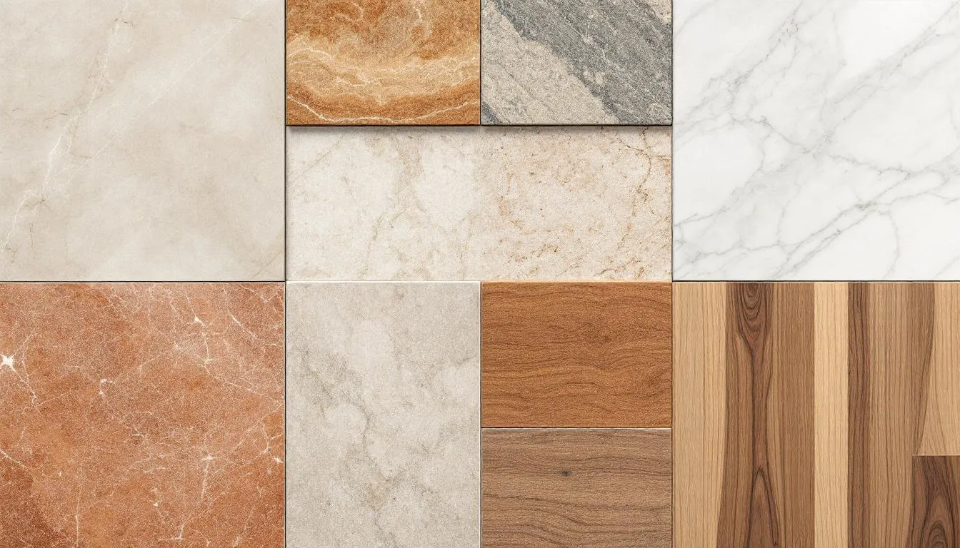 Obraz przedstawia różne rodzaje podłóg, w tym płytki ceramiczne, gres, kamień naturalny, terakotę oraz panele, które mogą być używane w połączeniu z ogrzewaniem podłogowym. W tle widać elementy związane z procesem frezowania, co wskazuje na nowoczesne podejście do instalacji podłóg i efektywność energetyczną.